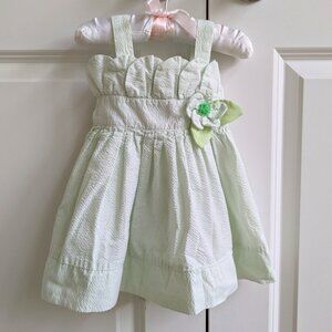 Sweet Heart Rose Baby Girl Dress 12M Green Striped Pleated Rosette Sundress